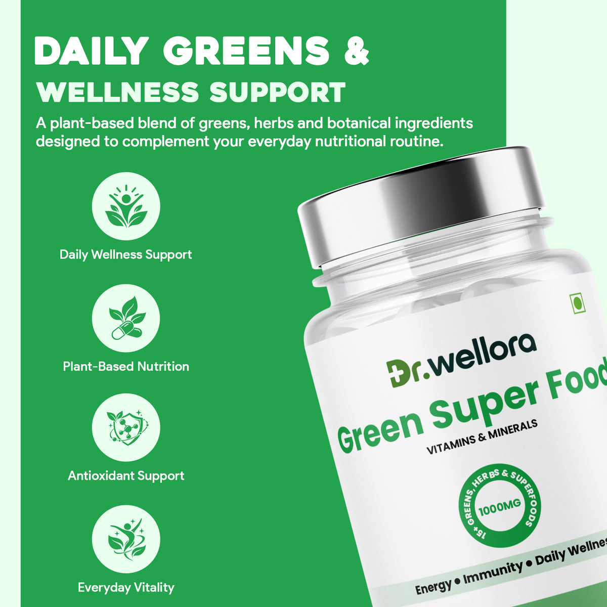 Green Superfood Capsules with Spinach, Barley Grass & Wheatgrass – Energy, Immunity & Daily Wellness