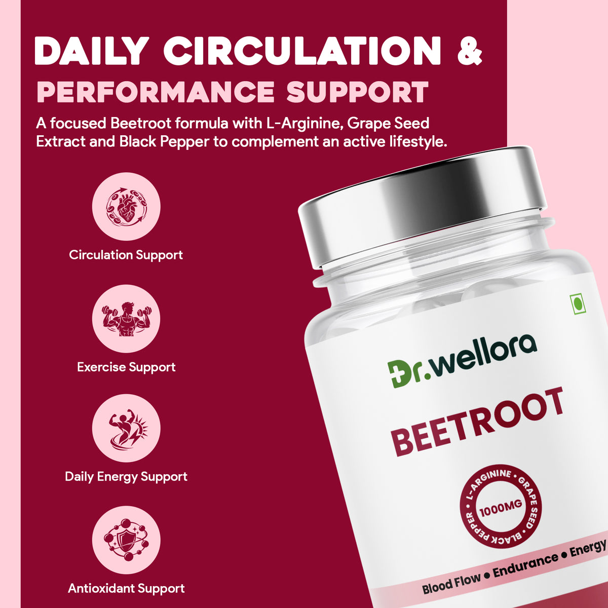 Beetroot Capsules with Beetroot Extract, Grape Seed & L-Arginine – Blood Flow & Energy Support