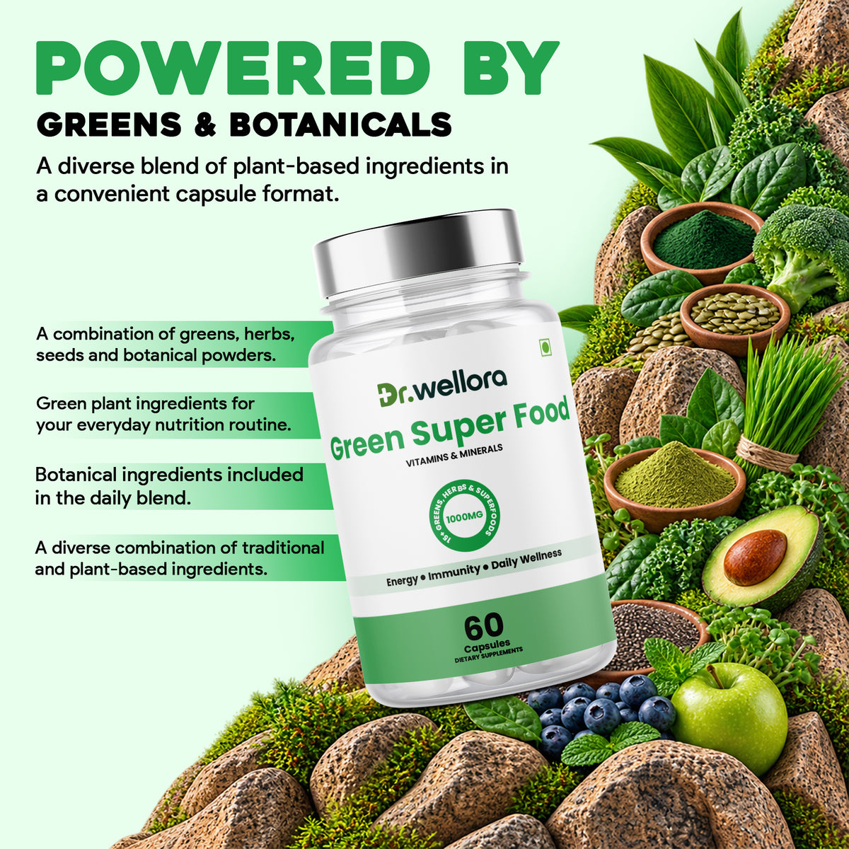 Green Superfood Capsules with Spinach, Barley Grass & Wheatgrass – Energy, Immunity & Daily Wellness