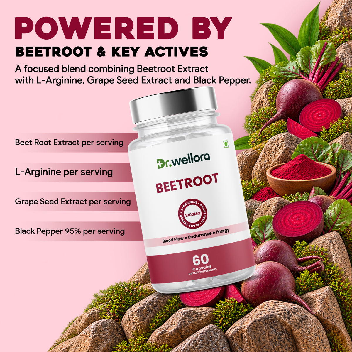 Beetroot Capsules with Beetroot Extract, Grape Seed & L-Arginine – Blood Flow & Energy Support