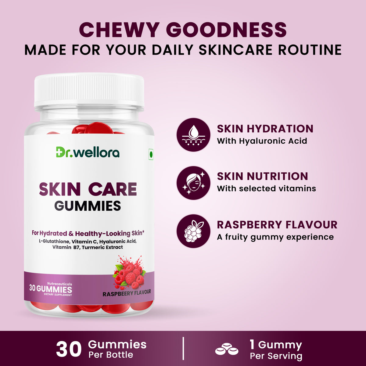 Skin Care Gummies with Glutathione, Vitamin C & Hyaluronic Acid – Hydration & Healthy-Looking Skin Support