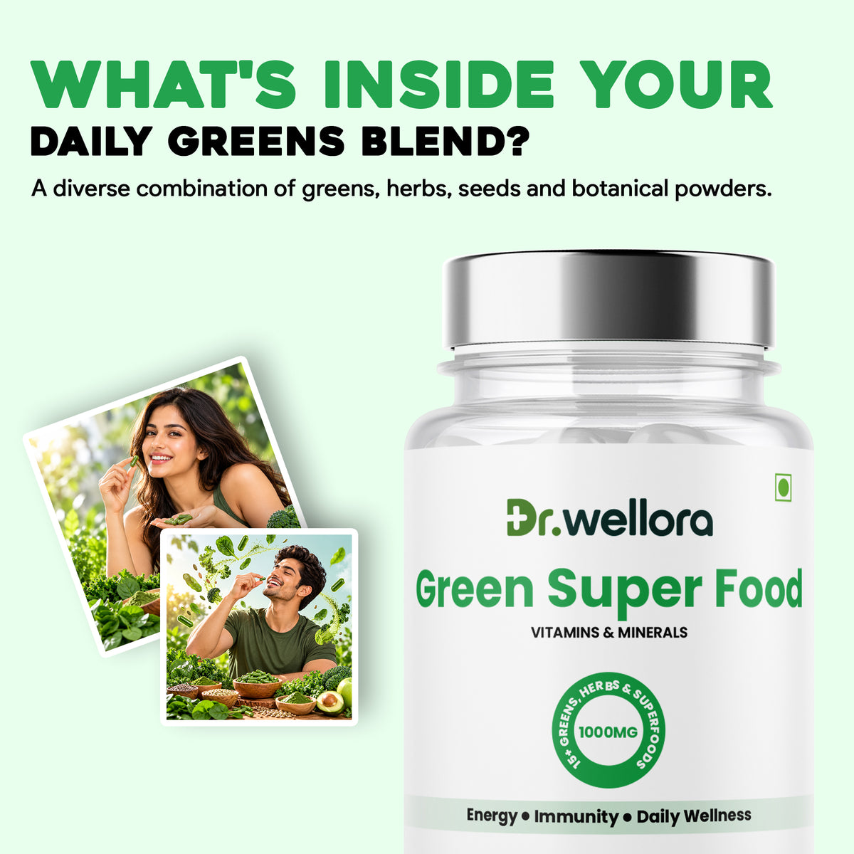 Green Superfood Capsules with Spinach, Barley Grass & Wheatgrass – Energy, Immunity & Daily Wellness