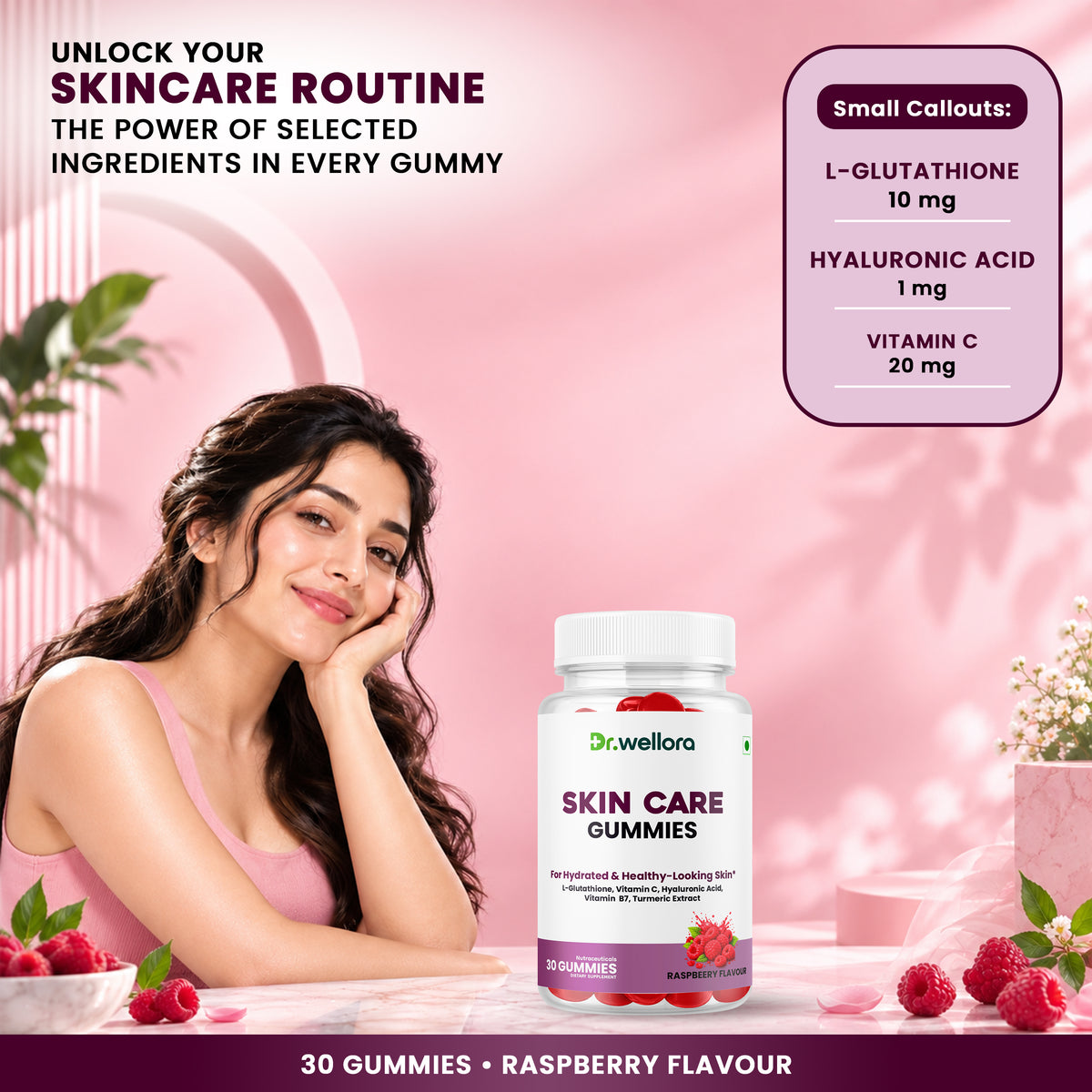 Skin Care Gummies with Glutathione, Vitamin C & Hyaluronic Acid – Hydration & Healthy-Looking Skin Support