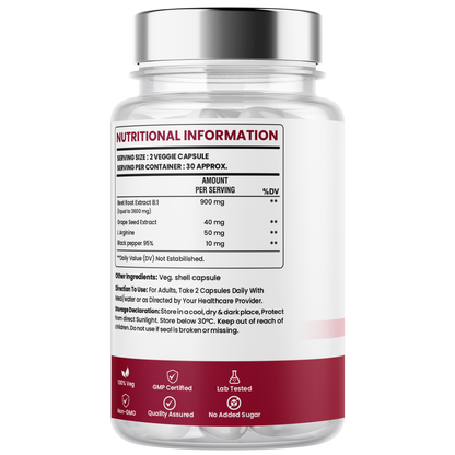 Beetroot Capsules with Beetroot Extract, Grape Seed & L-Arginine – Blood Flow & Energy Support